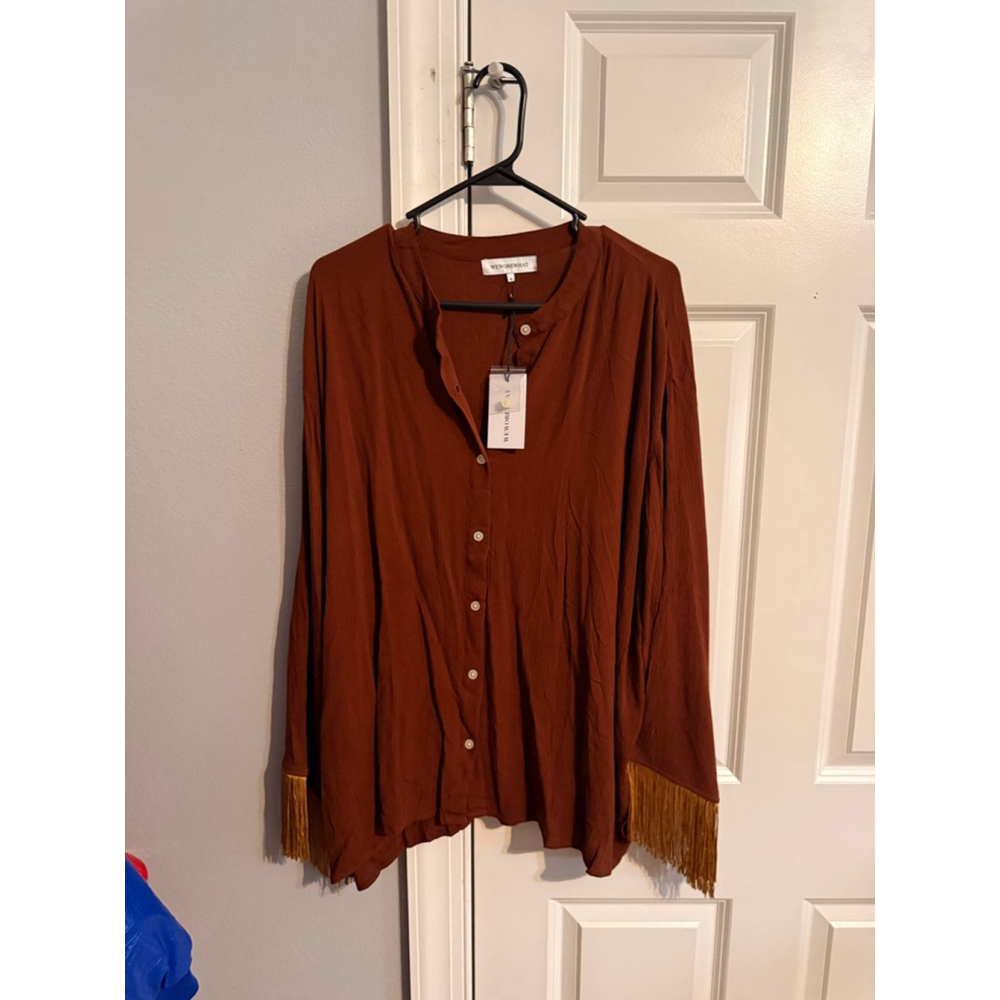 Women's WEWOREWHAT Brown Fringe Button Down Shirt M with Gold Accents - Picture 2 of 5